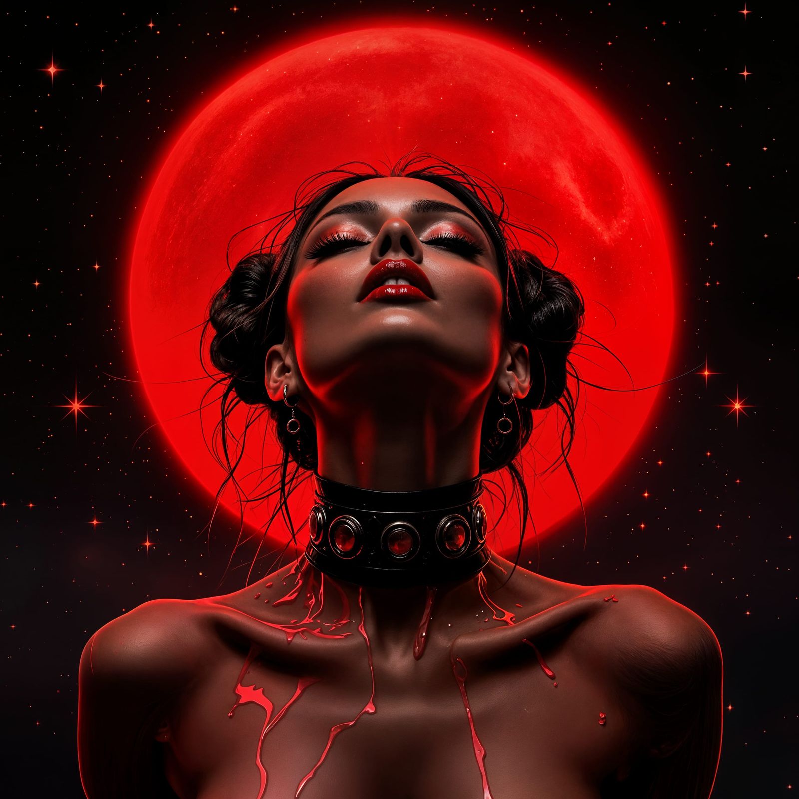 Dreamy Portrait of Woman Under Red Moon