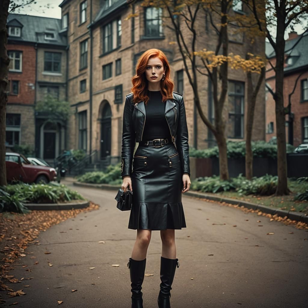 Redhead Beauty in Leather Skirt: Cinematic Film Still