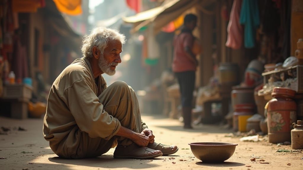 Elderly Beggar's Quiet Dignity in Bustling Market