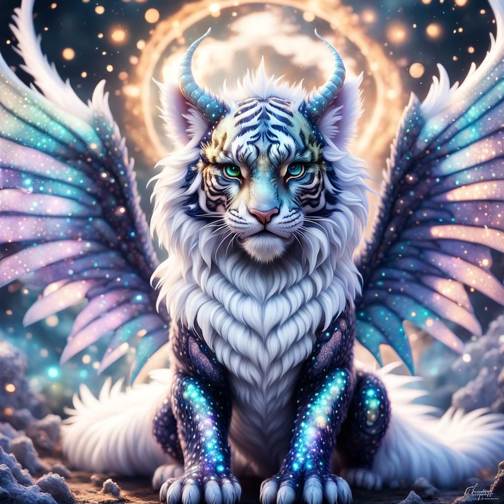 Winged Tiger Dragon with Iridescent Stars, CGI Art