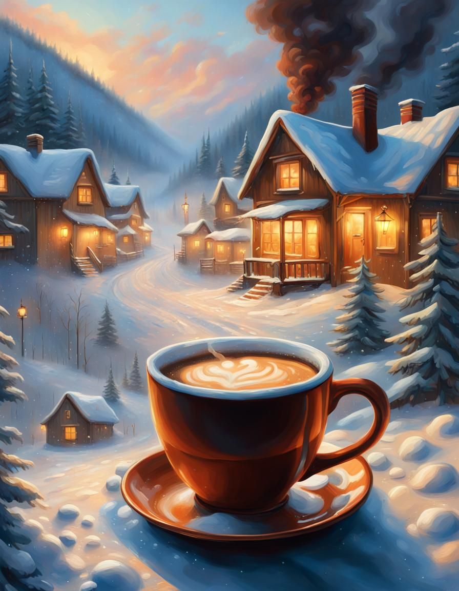 Hyperdetailed Oil Painting of Steaming Winter Coffee