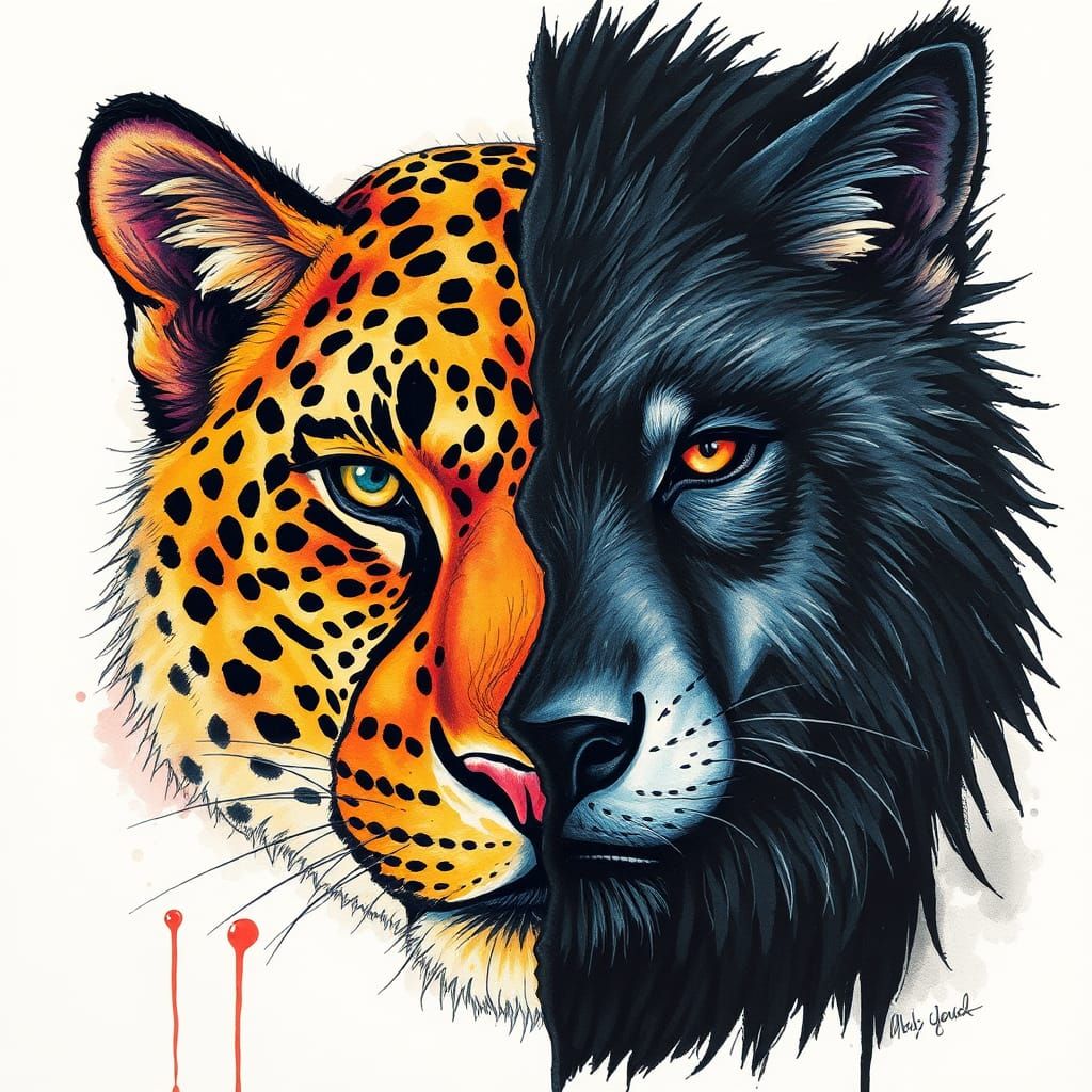 Split Face Portrait in Alcohol Ink