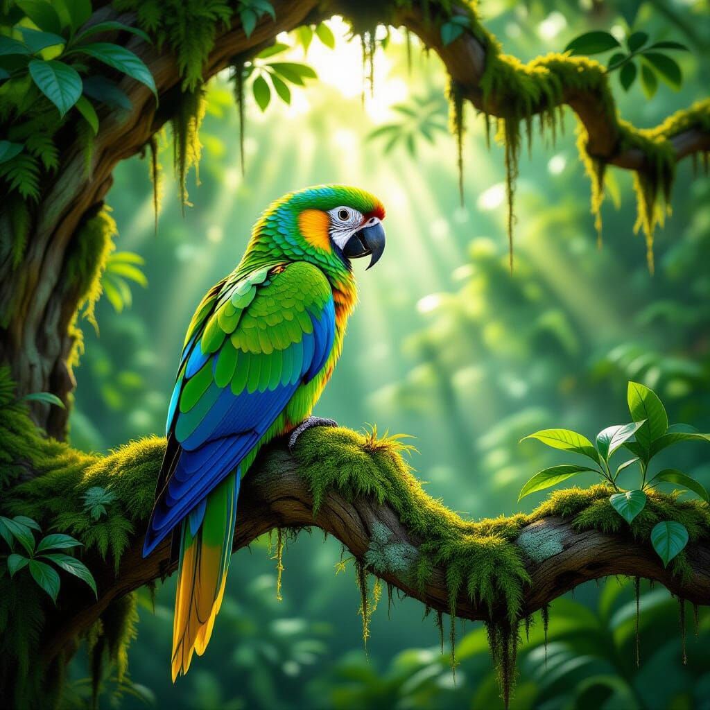 Vibrant Parrot on Mossy Branch in Dappled Sunlight