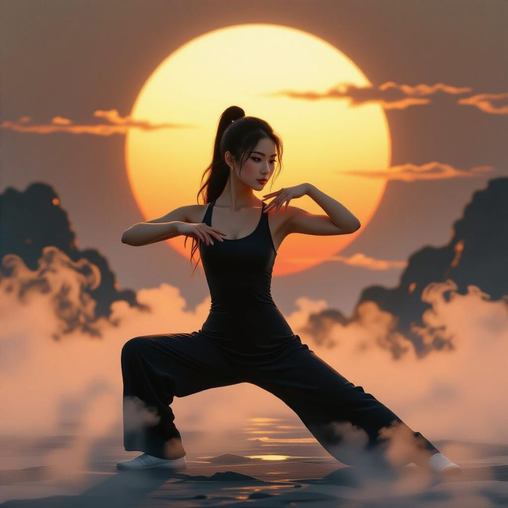 Asian Woman Performs Serene Tai Chi in Misty Sunrise