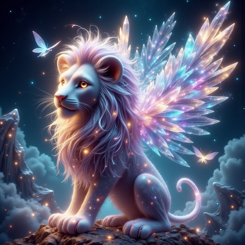 Crystalline Lion with Wings as 3D Render