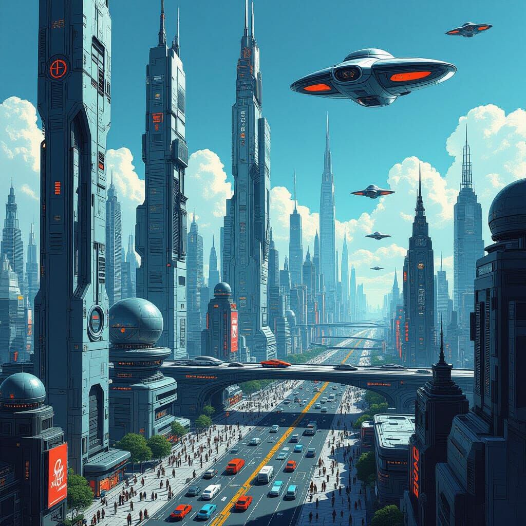 Futuristic Cityscape in Metal Hurlant Style