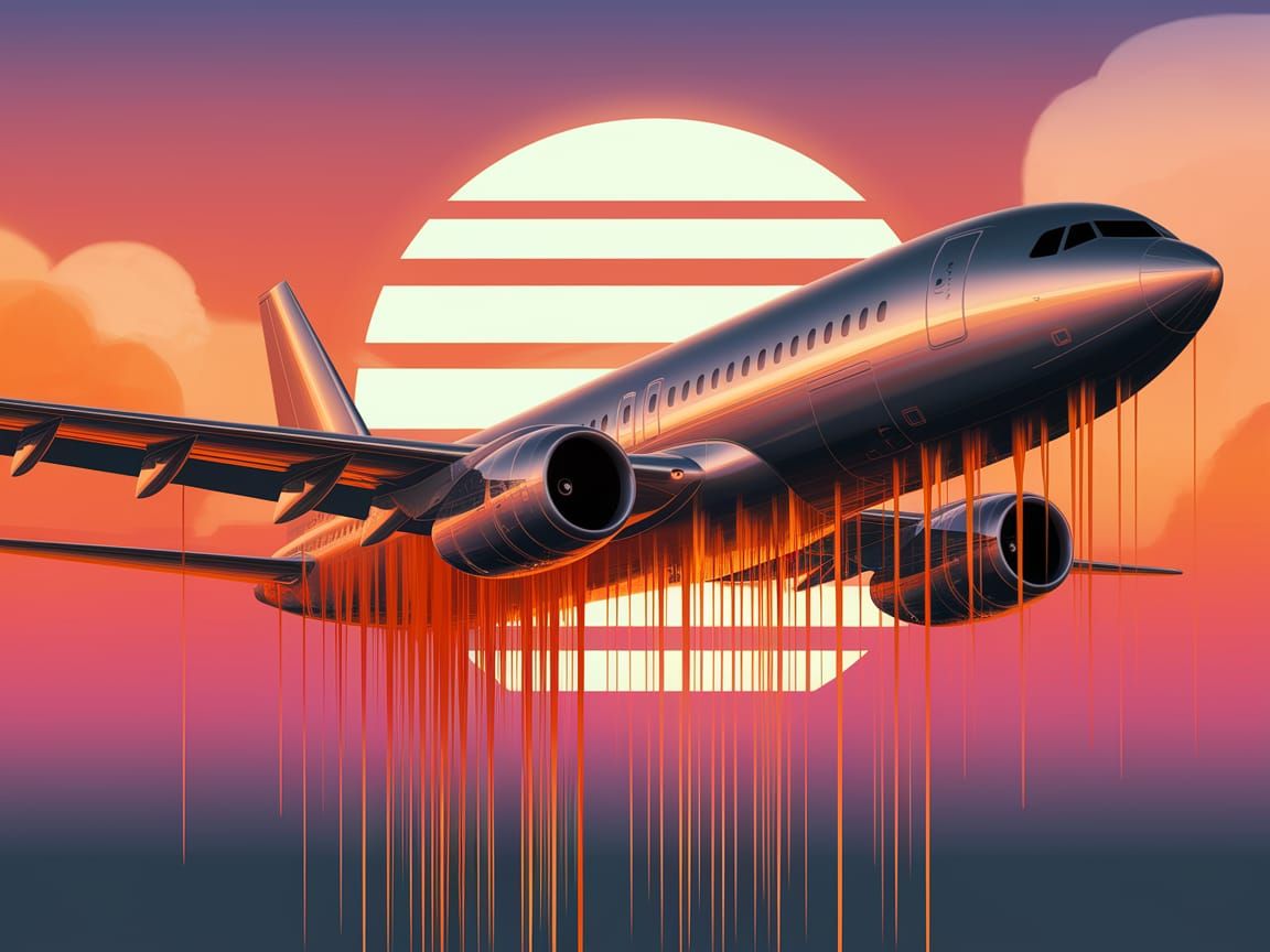 Airplane Adorned with Paint Drips Against Sunset Sky