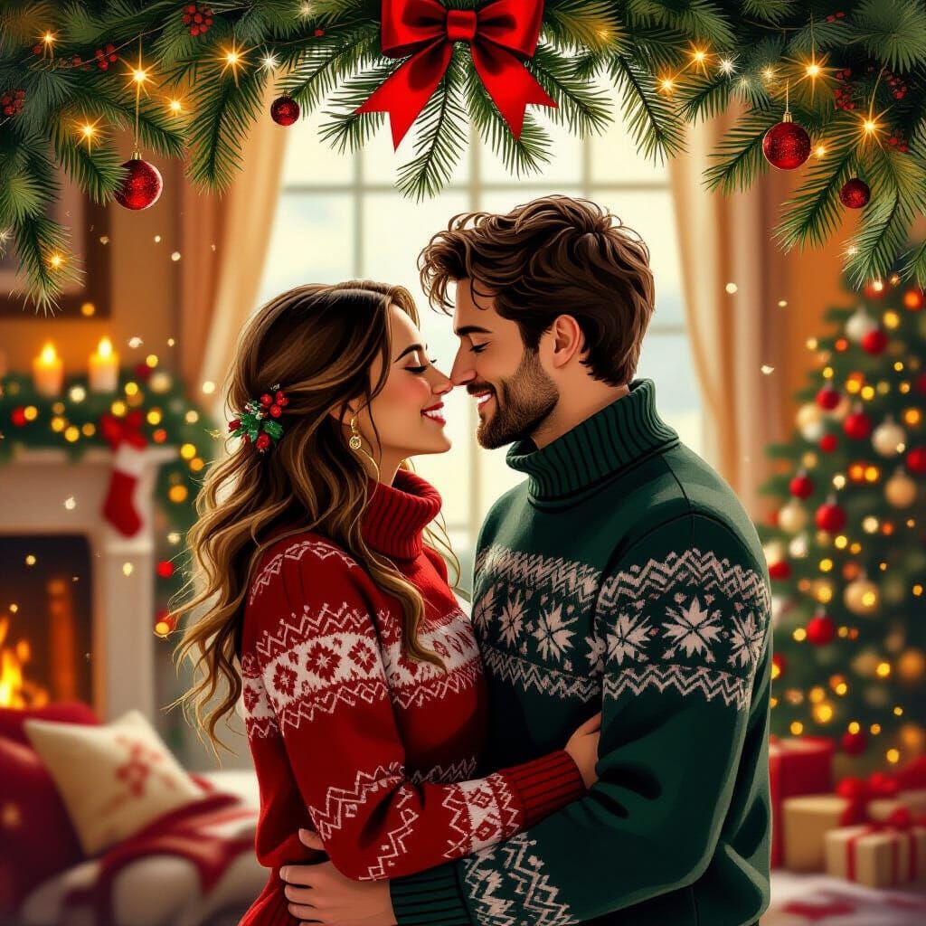 Romantic Couple Kissing Under Mistletoe Oil Painting