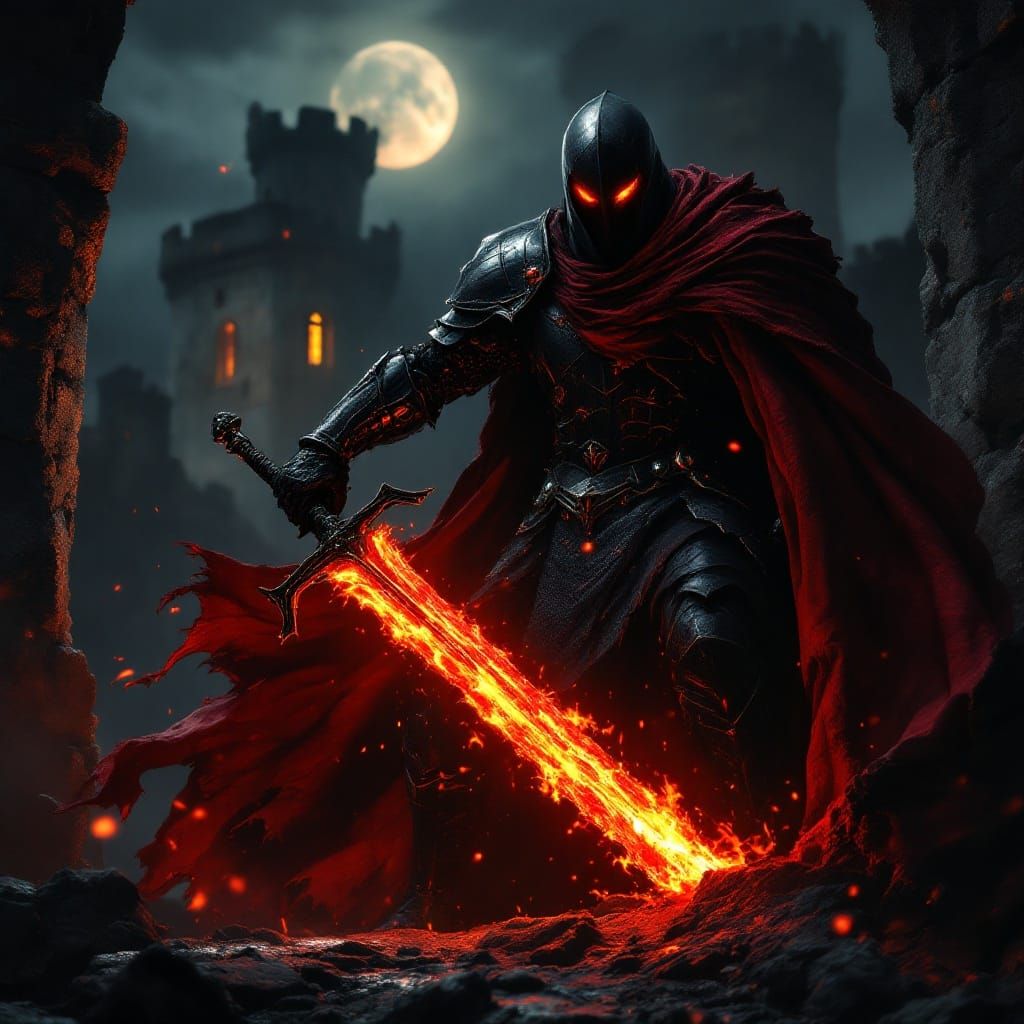 Gothic Warrior in Crimson Cloak, Illuminated by Moonlight