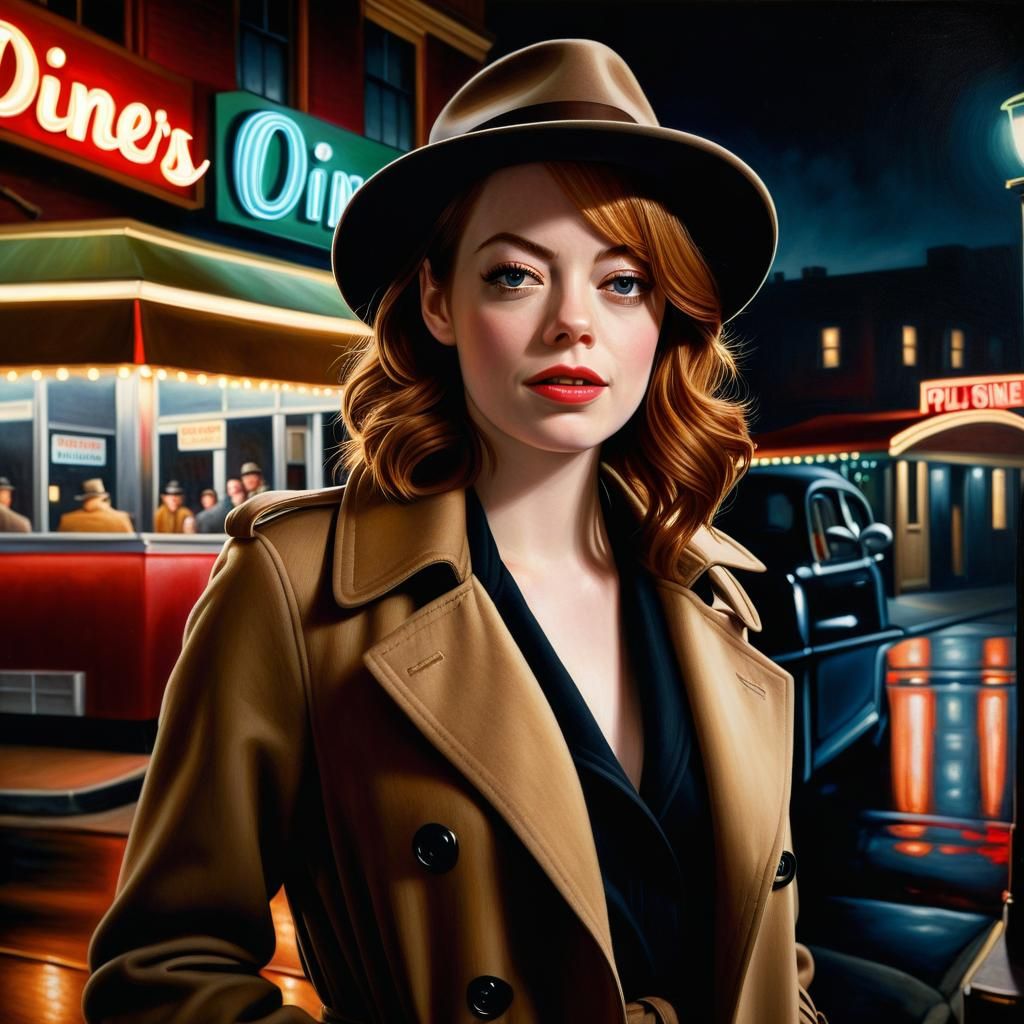 Emma Stone as a Noir Detective in a Gritty Cityscape