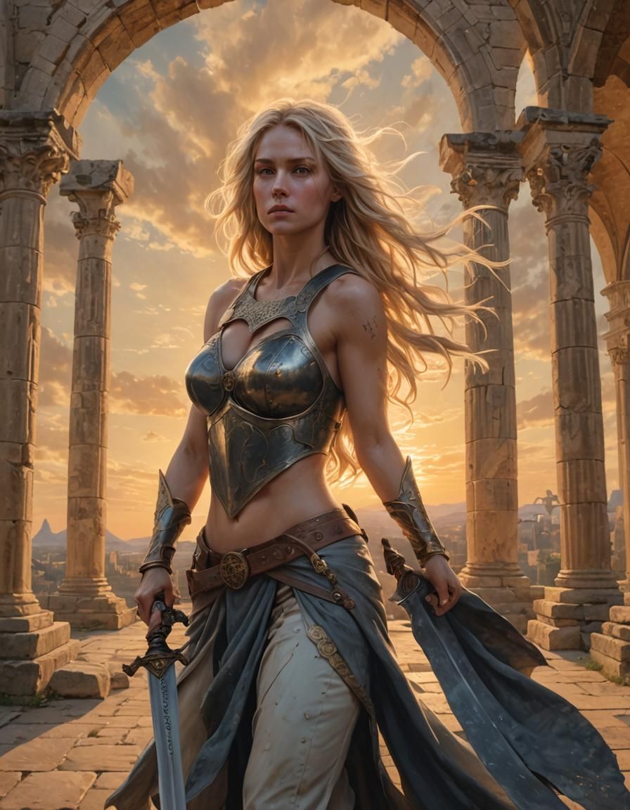 Female Warrior in Stone Hall at Sunset
