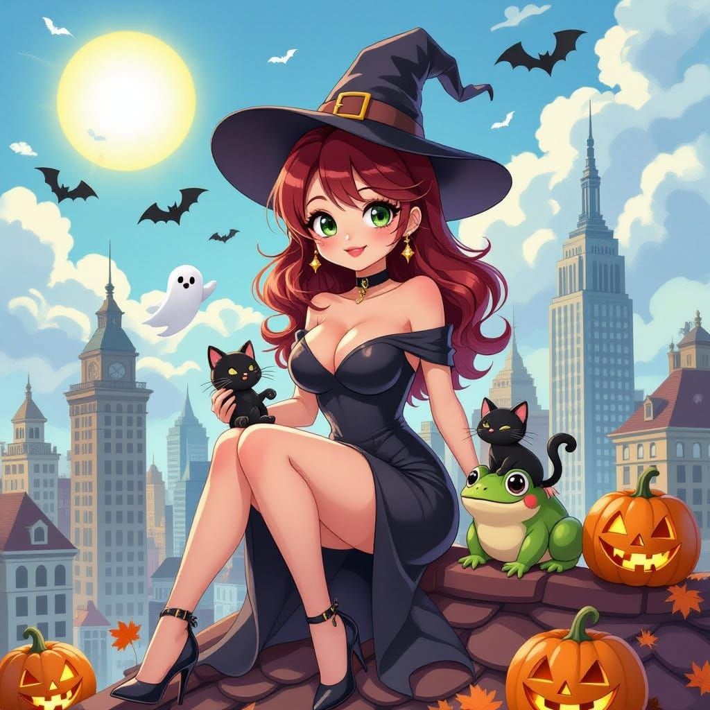 Anime Witch Character on Skyscraper Roof with Frog and Kitte...