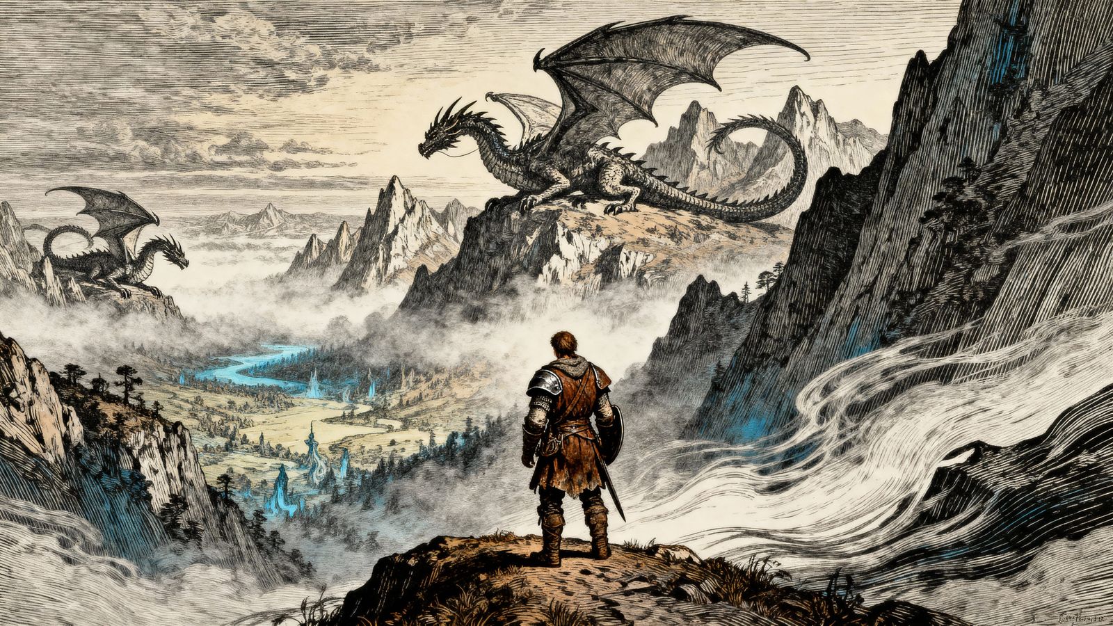 Warrior Overlooking Misty Valley with Dragons in Scratchboar...