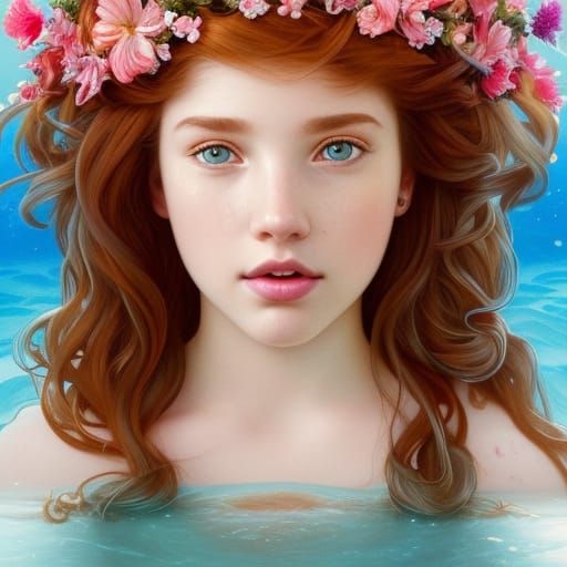 Red-Haired Mermaid Princess with Floral Crown