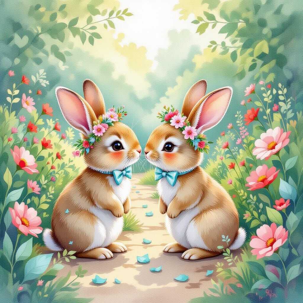 Whimsical Bunnies in Watercolor Flower Garden