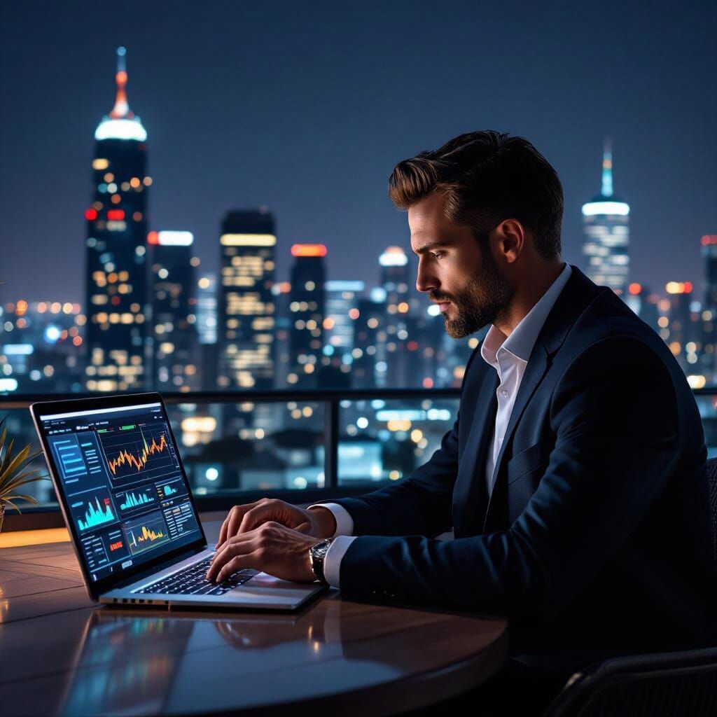 Rooftop Entrepreneur Manages Income Streams, Cyberpunk Style