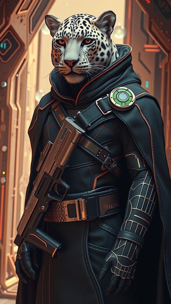 In this realistic sci-fi artwork, an albino leopard with per...