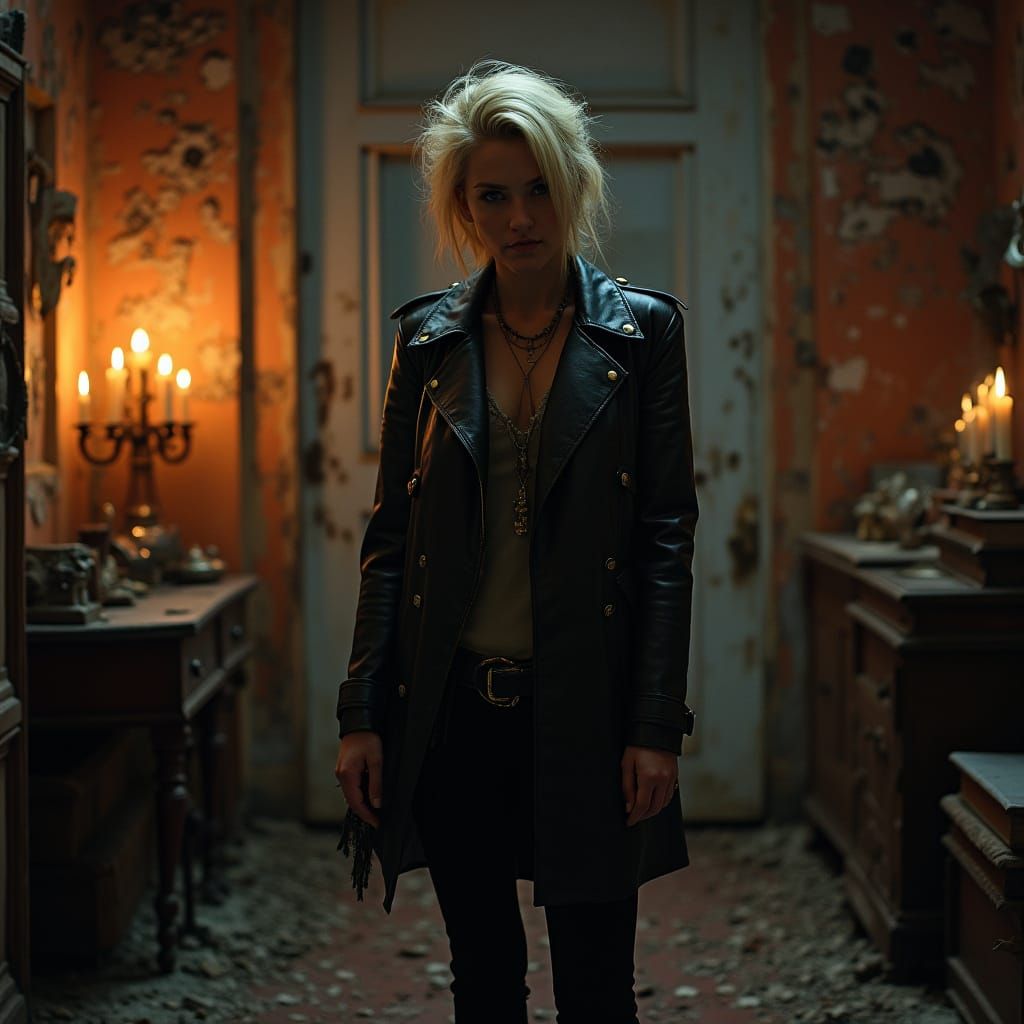 Punk American Woman in Leather Amidst Occult Apartment