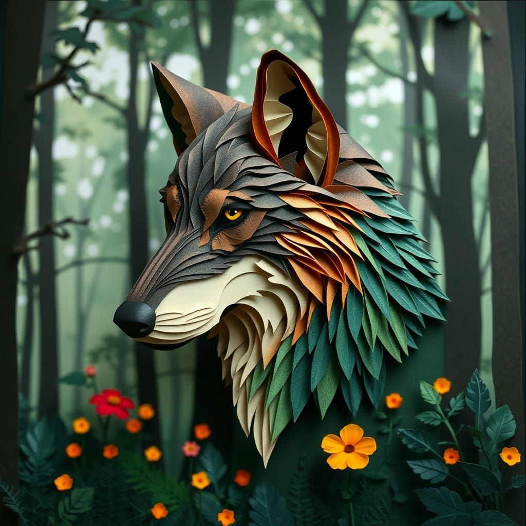 Wolf Portrait in Folded Papercraft Art