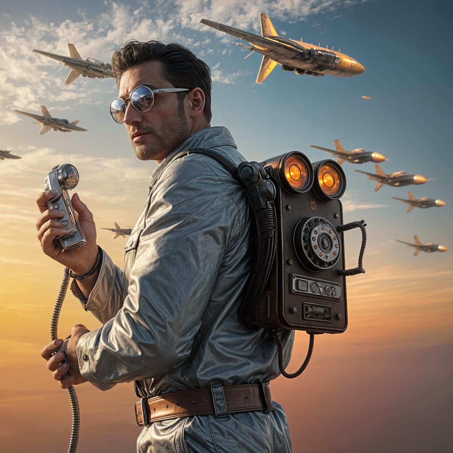 Man in Futuristic Attire Holds Vintage Telephone