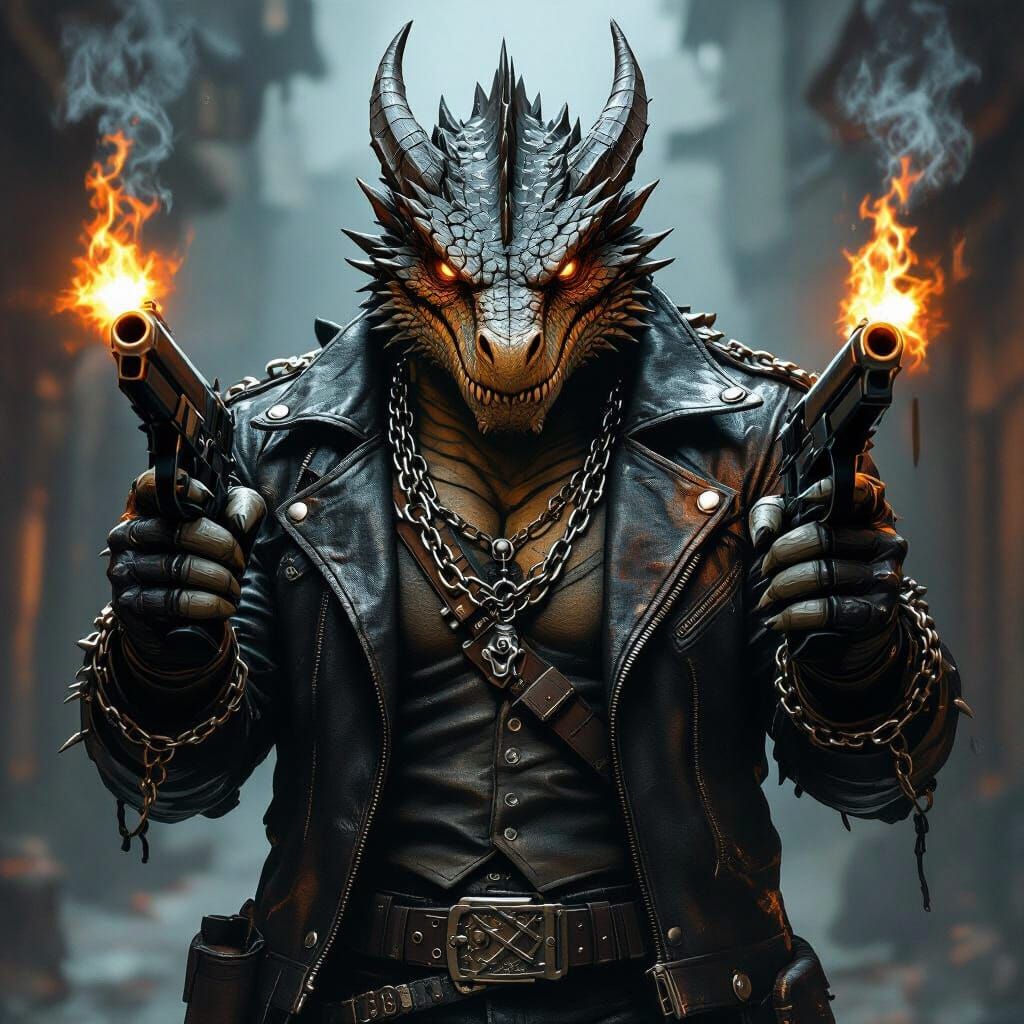 Dragon in Leather Jacket with Guns, Dark Fantasy Art