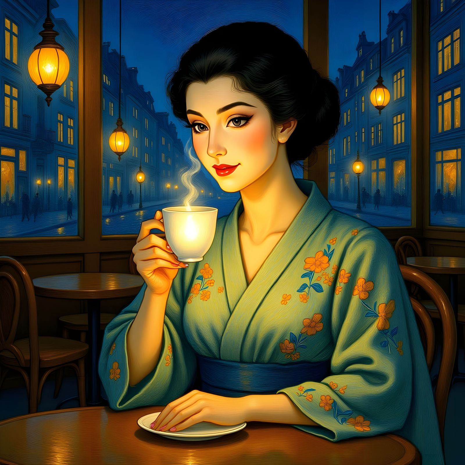 Parisian Geisha in Ethereal Cafe Light