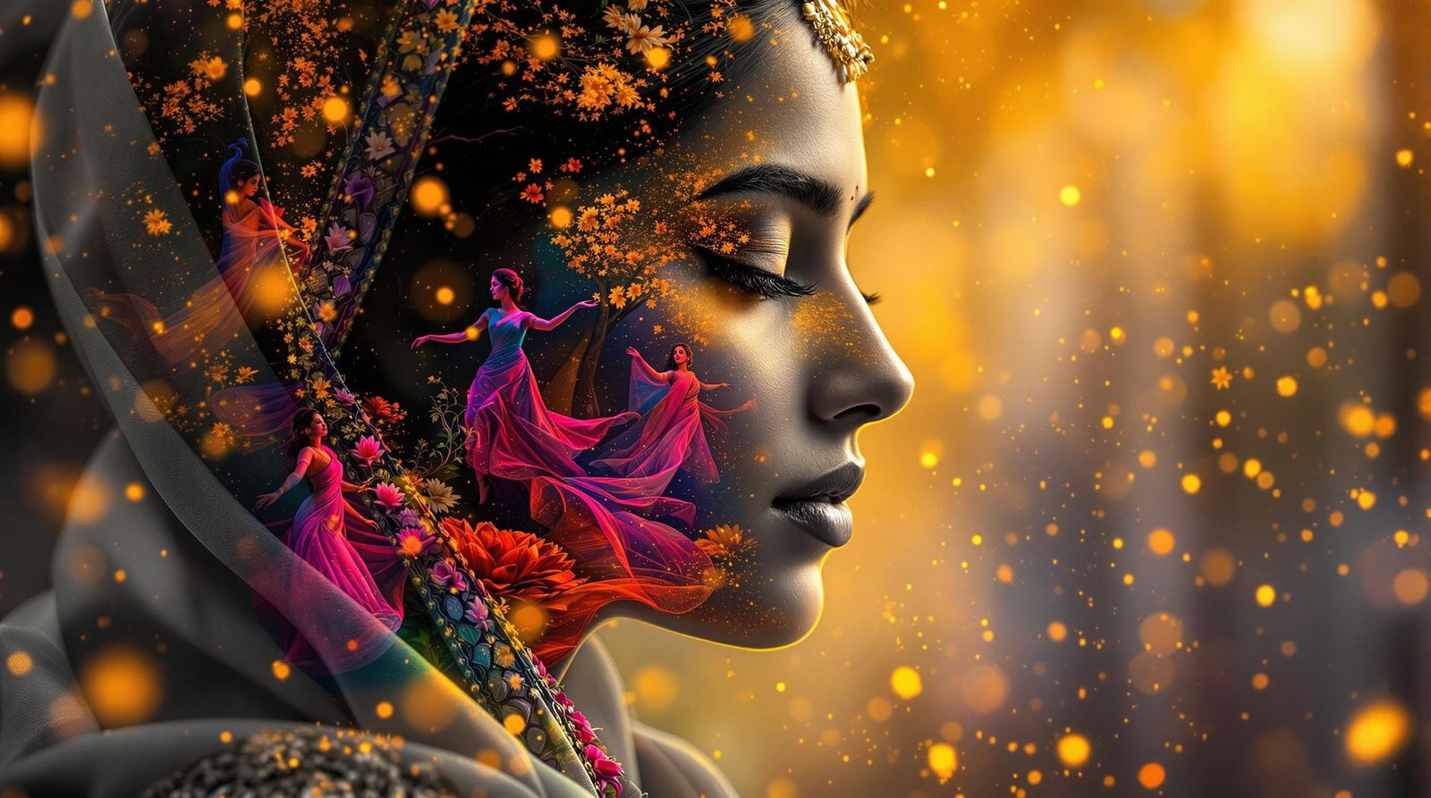 Monochrome Portrait of Young Indian Woman with Jasmine