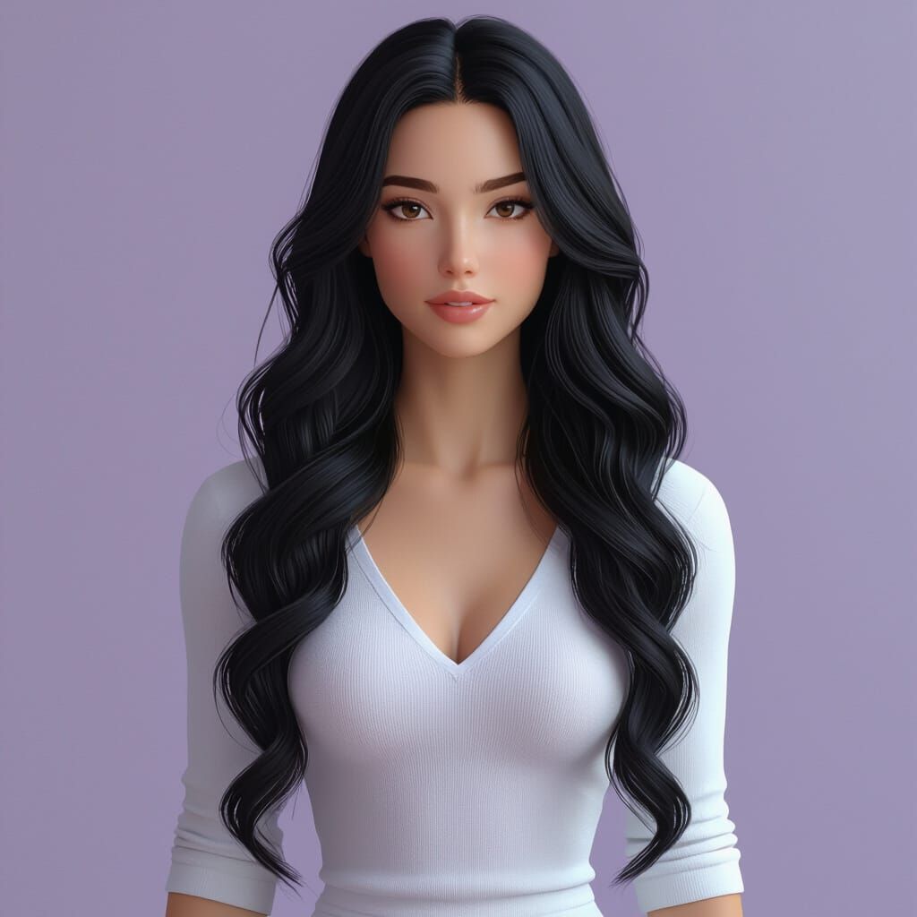 3D Render of Woman with Long Wavy Black Hair