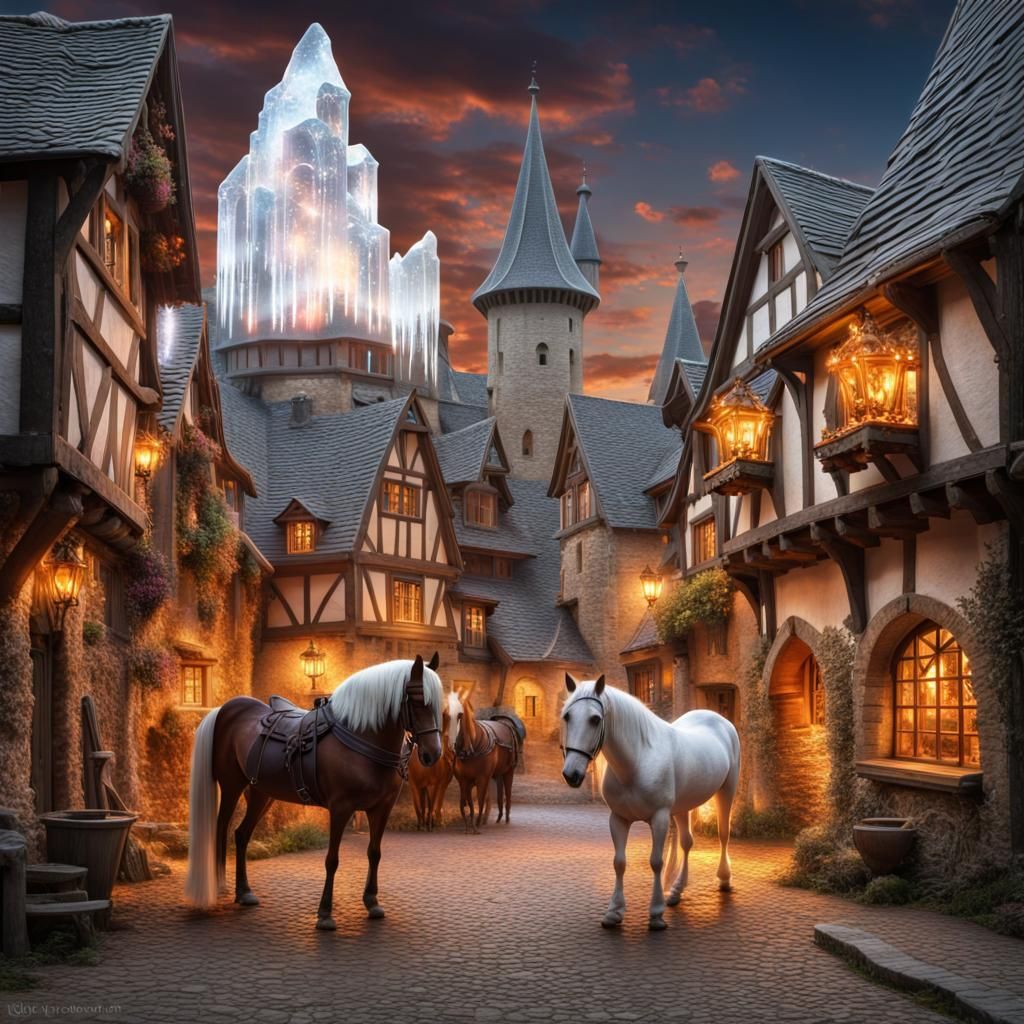 Medieval Village Meets Sci-Fi Crystal in Hyperreal Style