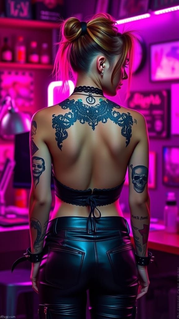 Bold Tattoo Artist in Neon-Lit Studio