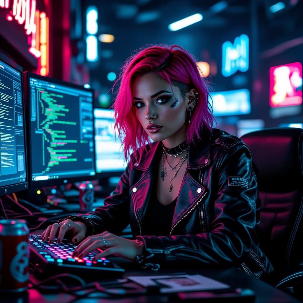 Cyberpunk Hacker Cracking System in Neon-Lit Environment