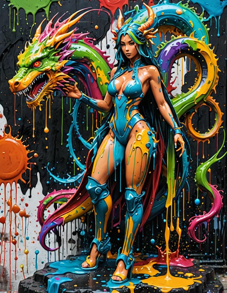 Rainbow Dragon Girl with Metal Skeleton, Anime Art