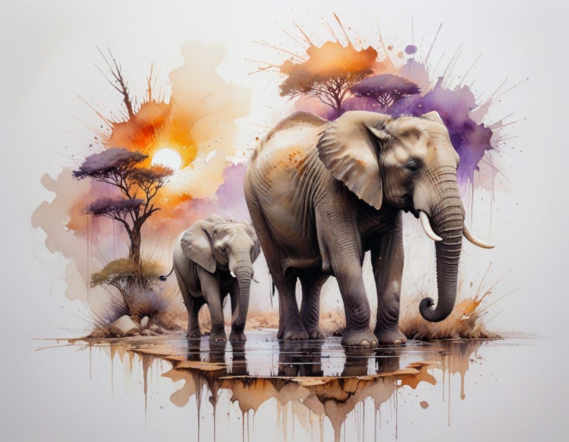 Elephant Drinks at Sunset in Watercolor Style