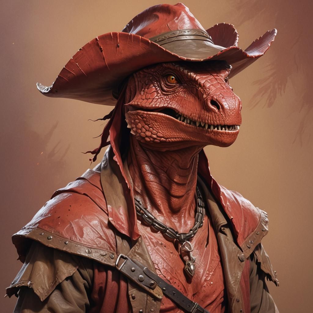 Red Saurian Cowboy in Hyperrealistic Splash Art