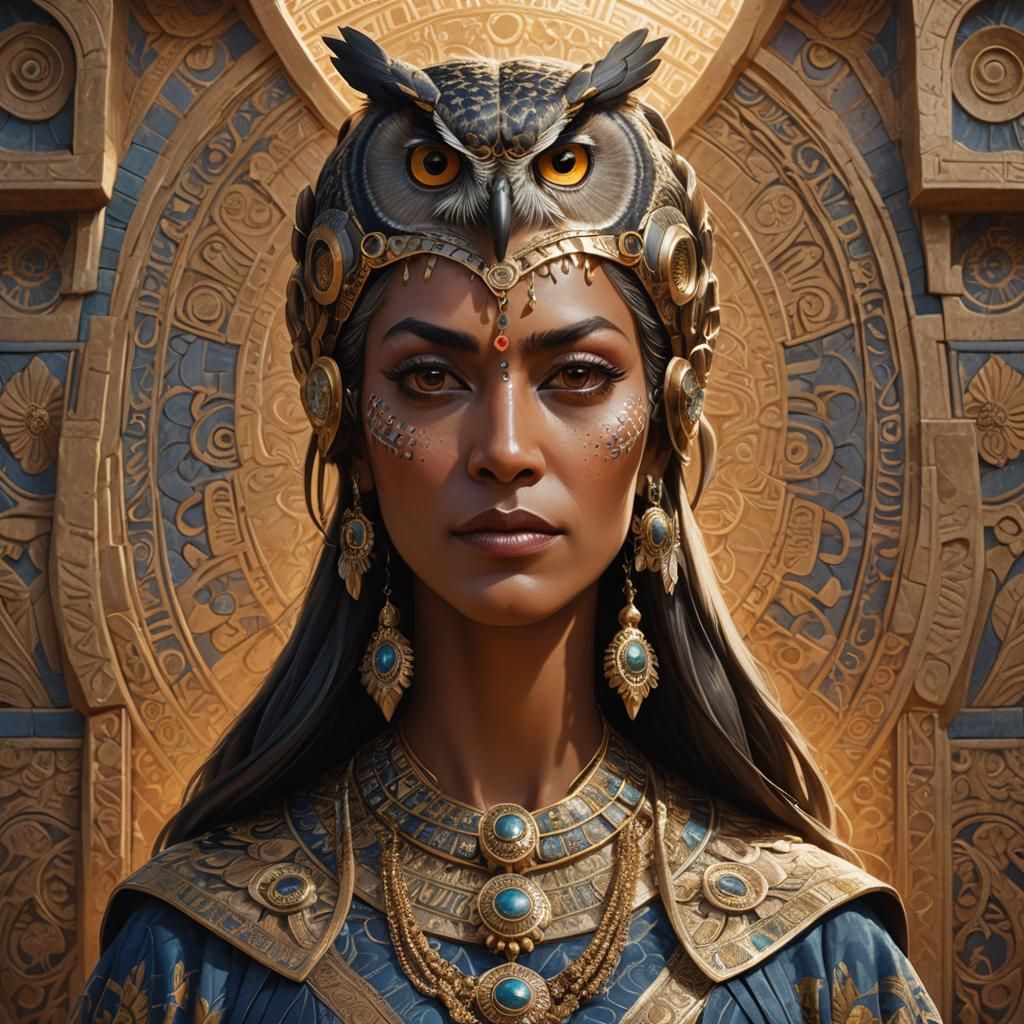 Elegant Babylonian Goddess of Owls in Regal Splendor
