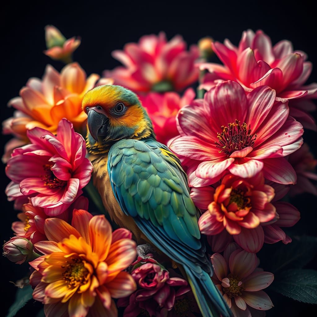 Hyperrealistic Parrot in Flowers, Alcohol Ink Splatter Style