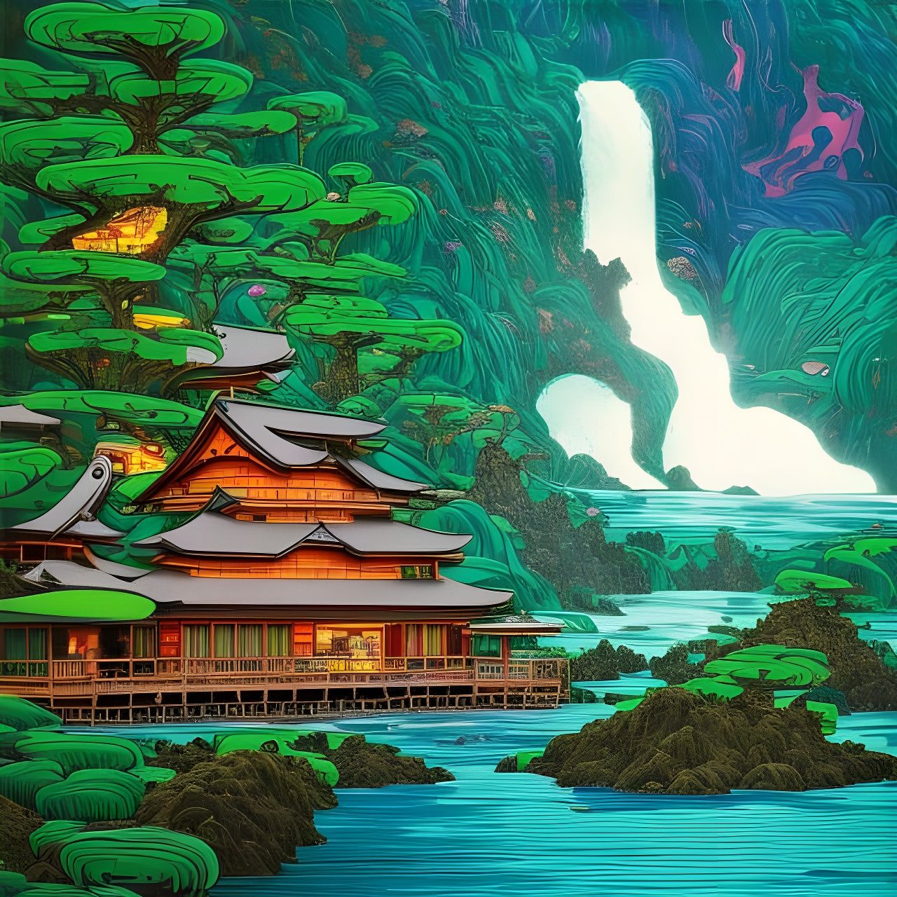Surreal Floating Island Landscape in Japanese Style