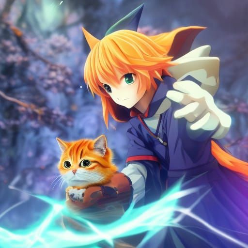 Anime Witch with Orange Tabby in Pastel Colors