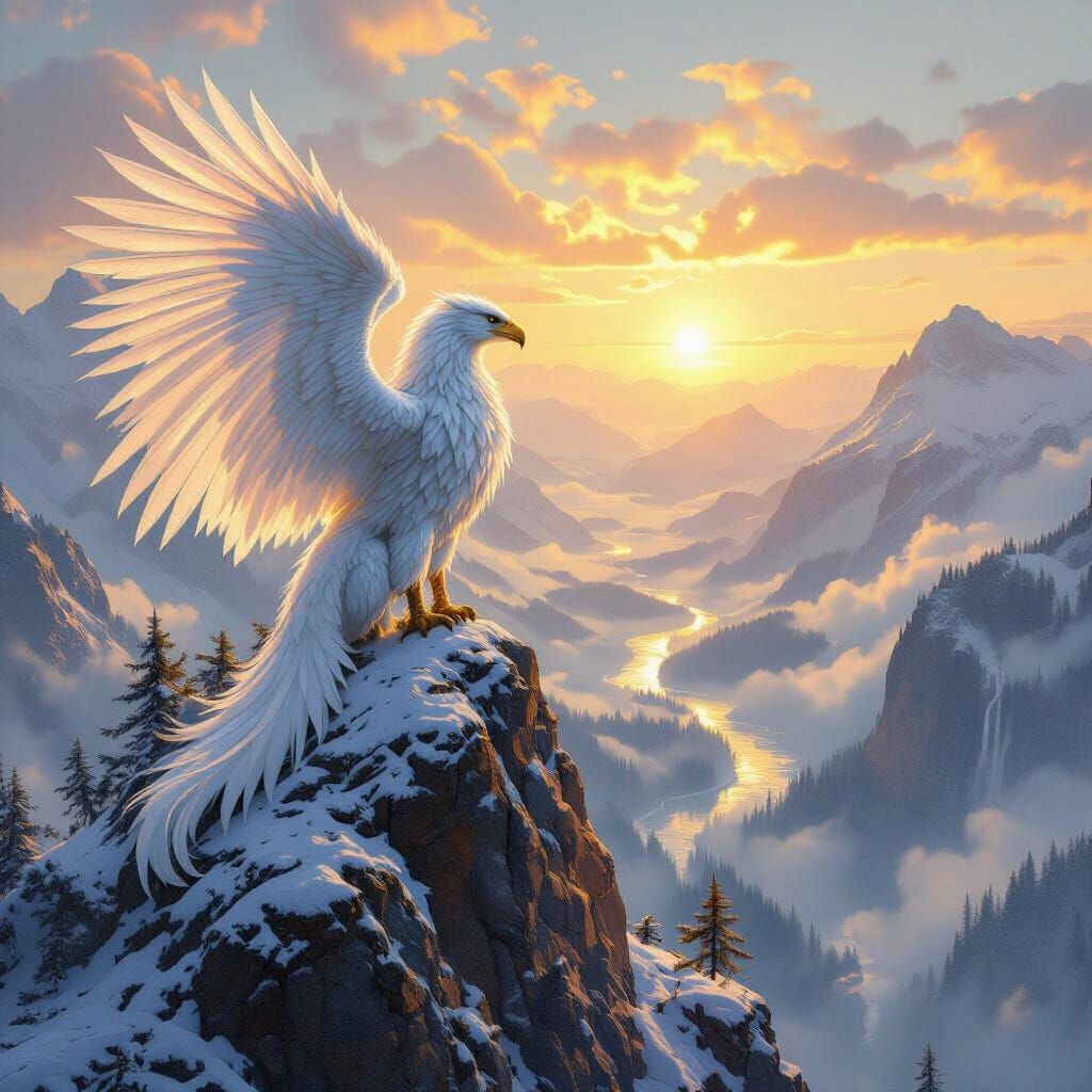 Griffin Overlooking Misty Valley in Hyperrealistic Style