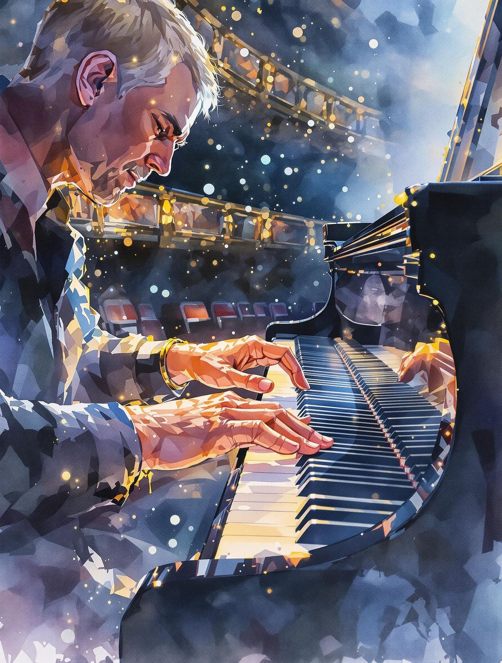 Piano Tuner at Dawn in Watercolor Painting