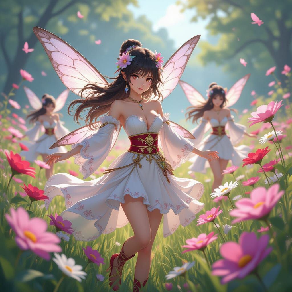 Anime Fairies Flight Through Flowers, 3D Art