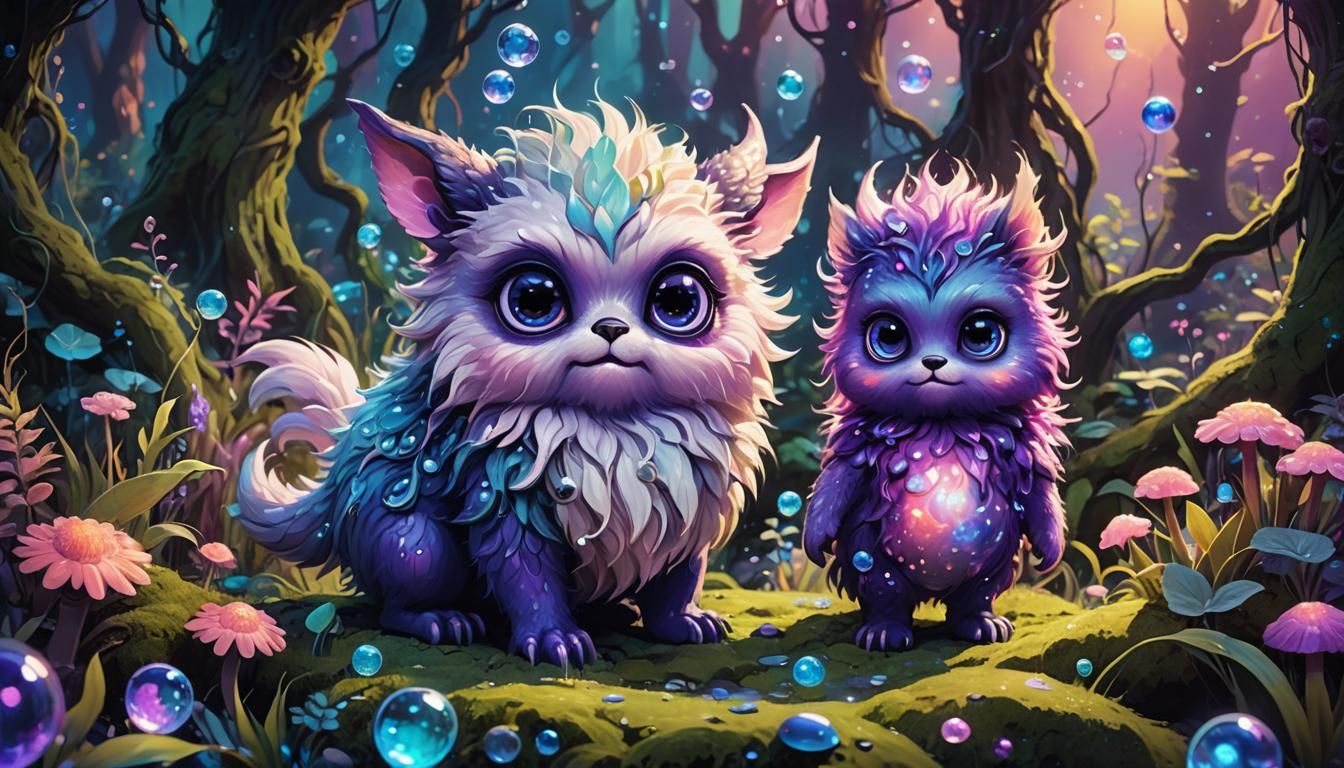 Enchanting Chibi Creatures in a Bioluminescent Fantasy World