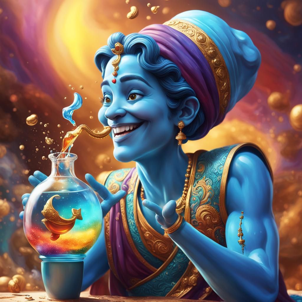 Genie Blowing Kisses in Hyperrealistic Splash Art