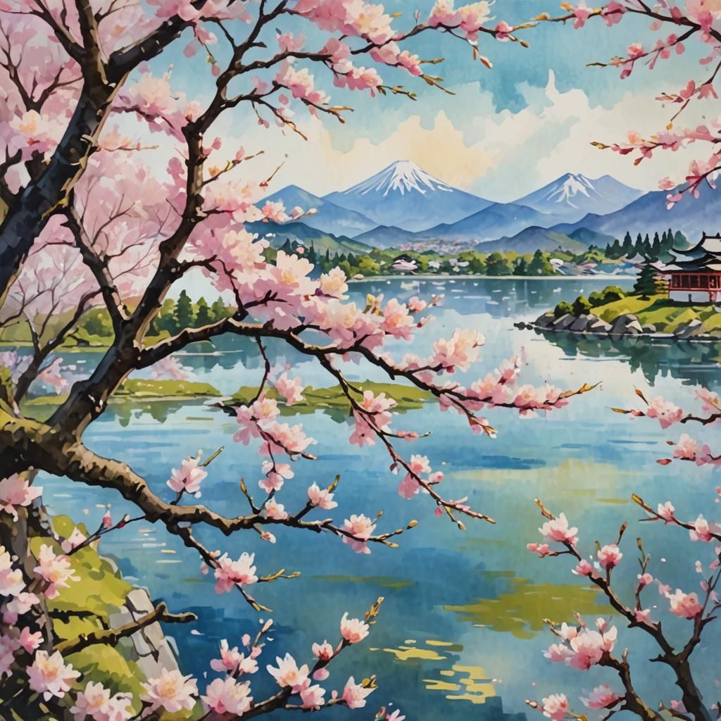 Cherry Blossom Reflected in Japanese Lake