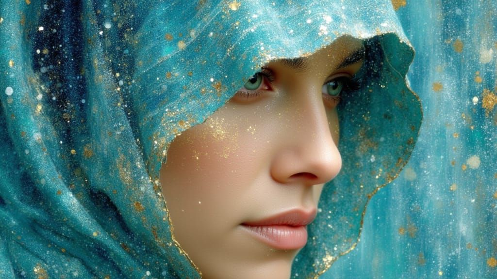 Ocean Goddess in Klimt Style with Silver and Teal