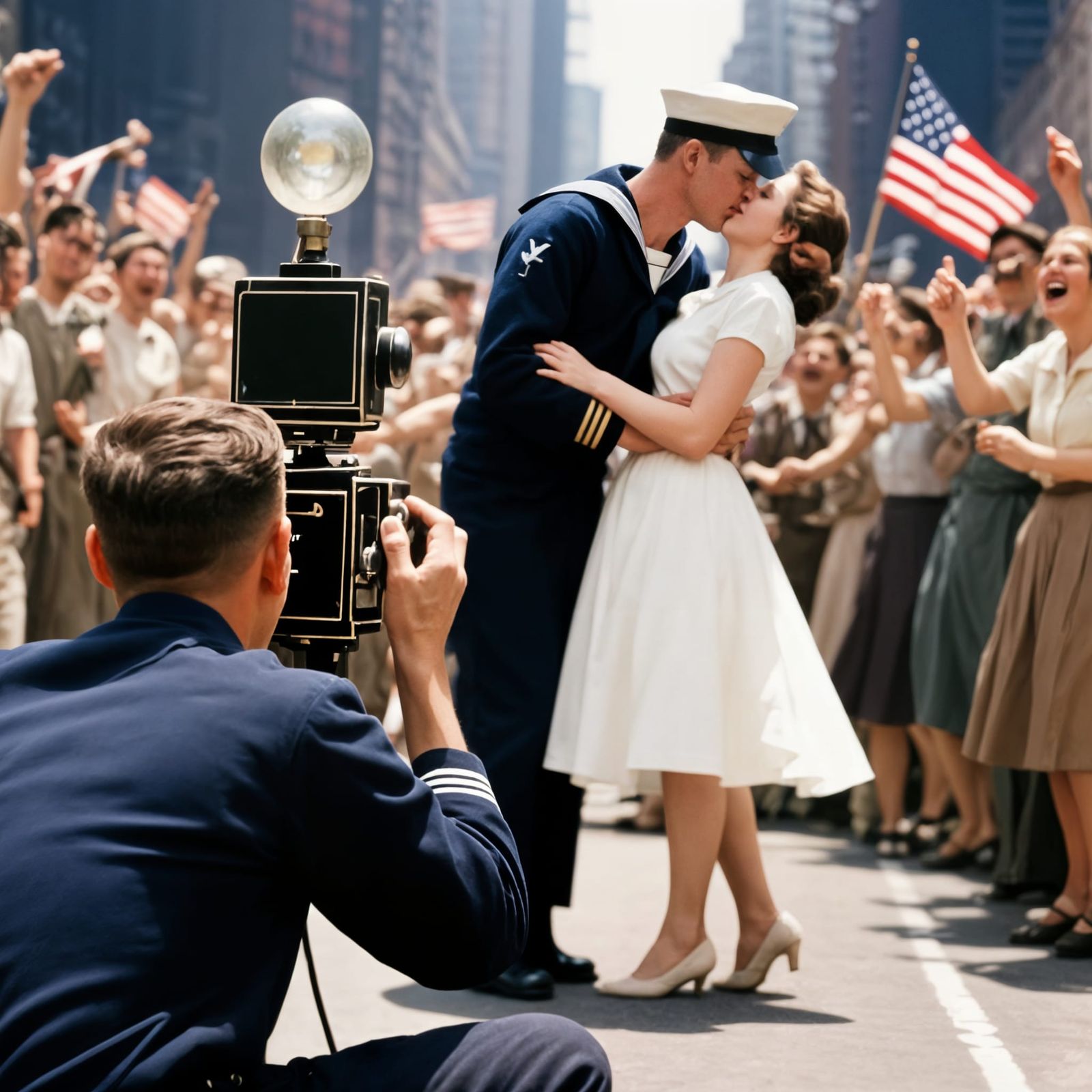 Times Square V-J Day Kiss, 1940s Colorized Photo