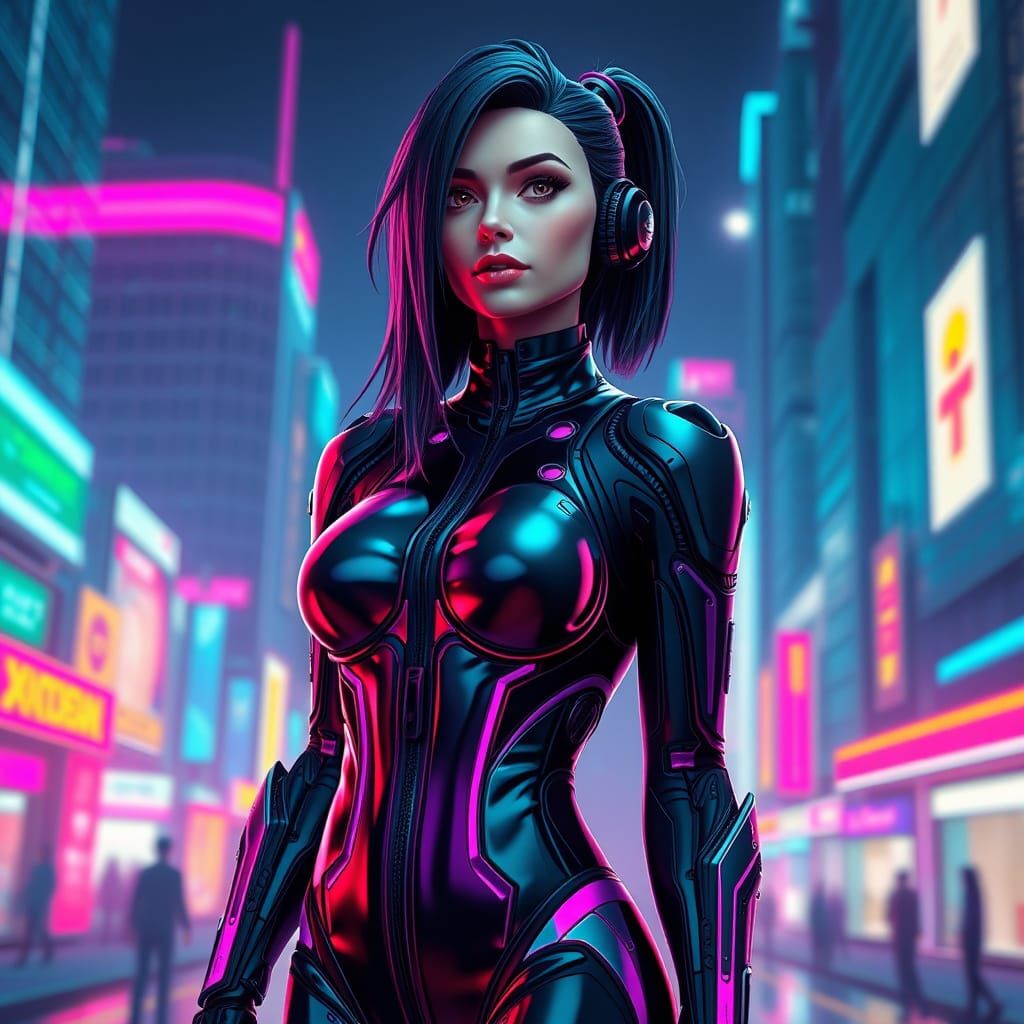 Futuristic Android in Neon Cityscape 3D Render