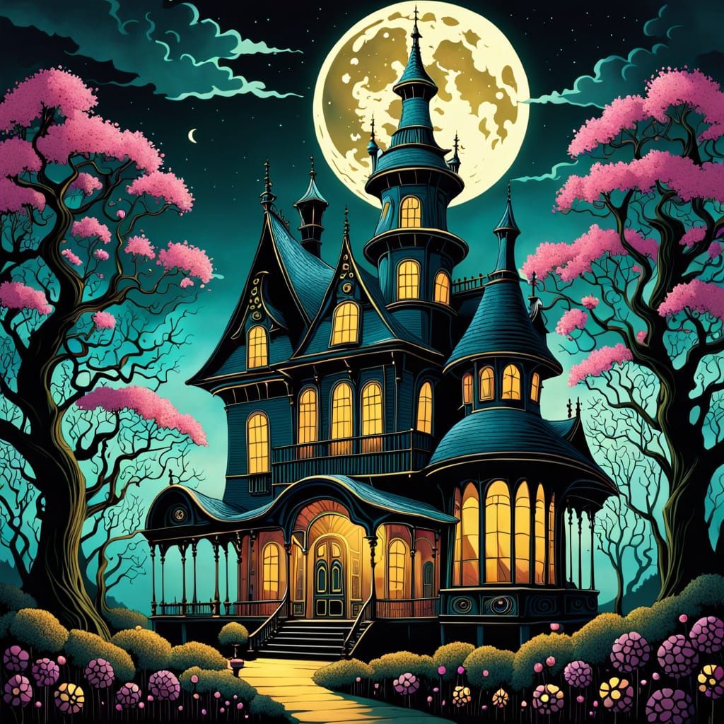 Victorian Treehouse Under a Stormy Moon