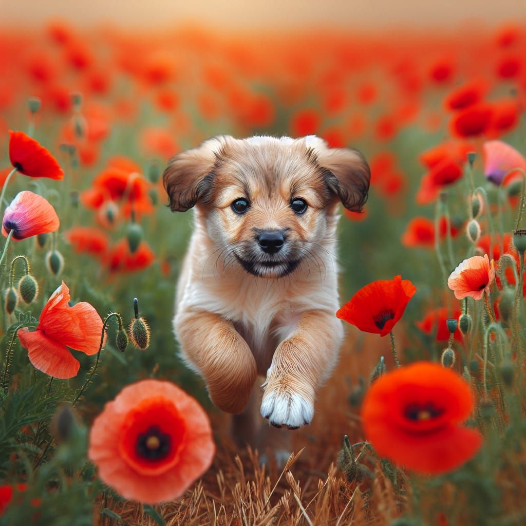 Vibrant Puppy Runs Free in a Field of Poppies in Impressioni...