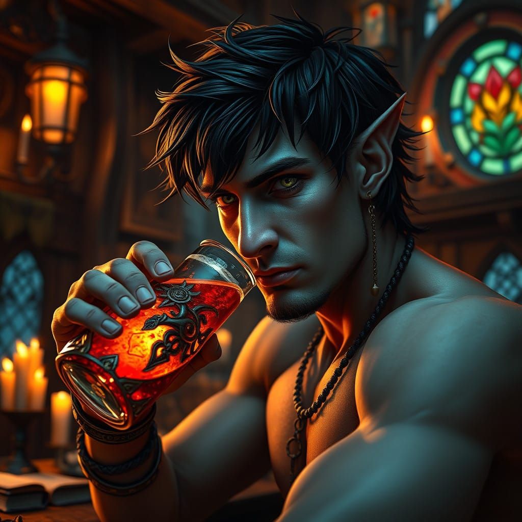 A Chiseled Android Blood Elf Drinks Mystic Liquid in a Dimly...